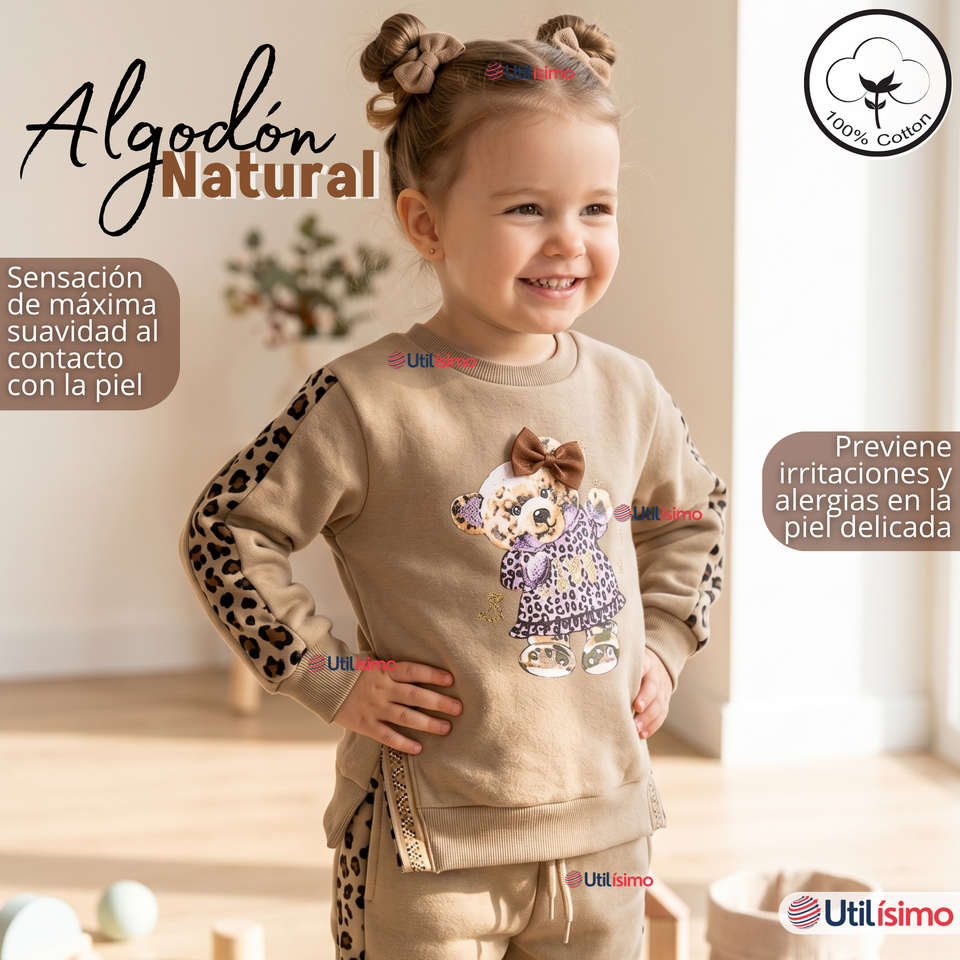Conjunto 2 Piezas Buzo Pantalón Y Polerón Beige Osito Niña