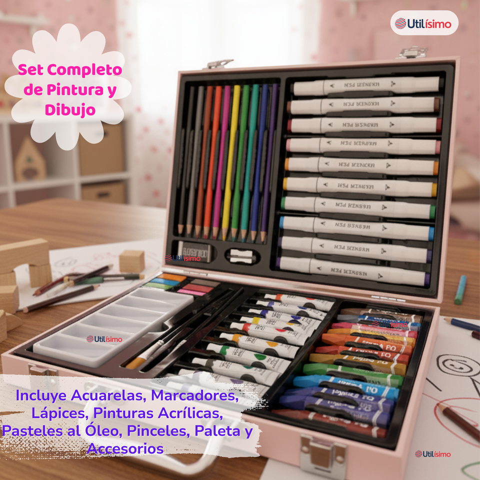 Maletín Set De Arte 53 Piezas Estuche Para Dibujar Y Pintar Niña Pony Rosa