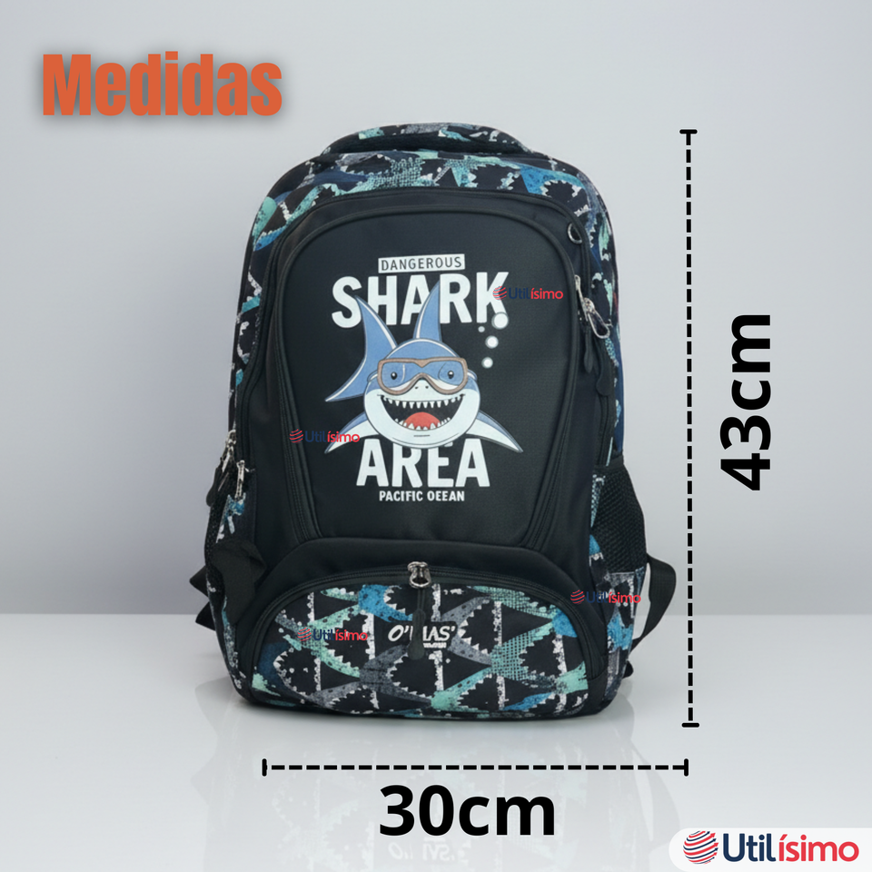 Mochila Escolar Kit Con Estuche y Lonchera 43cm Tela Oxford Baby Shark Niño
