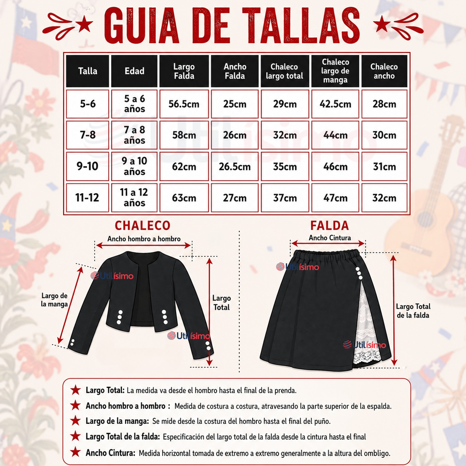 Traje Huasa Elegante NIña Conjunto 4 Piezas Tipico Fiestas Patrias