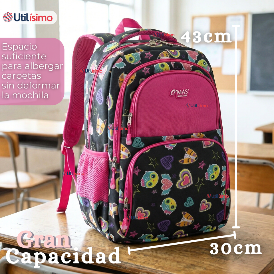 Mochila Escolar + Estuche + Lonchera 43cm Tela Oxford Negro Corazones Niña