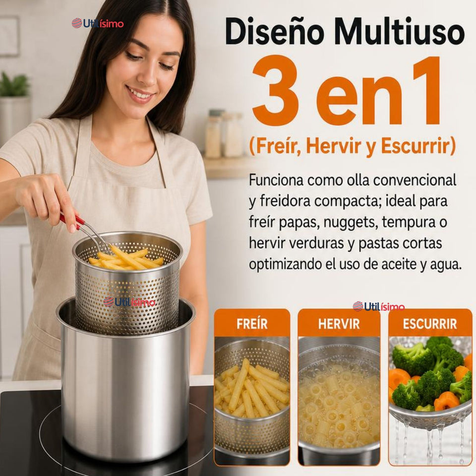 Olla Freidora Multiusos 3 en 1 Capacidad 3.5L Acero Inoxidable