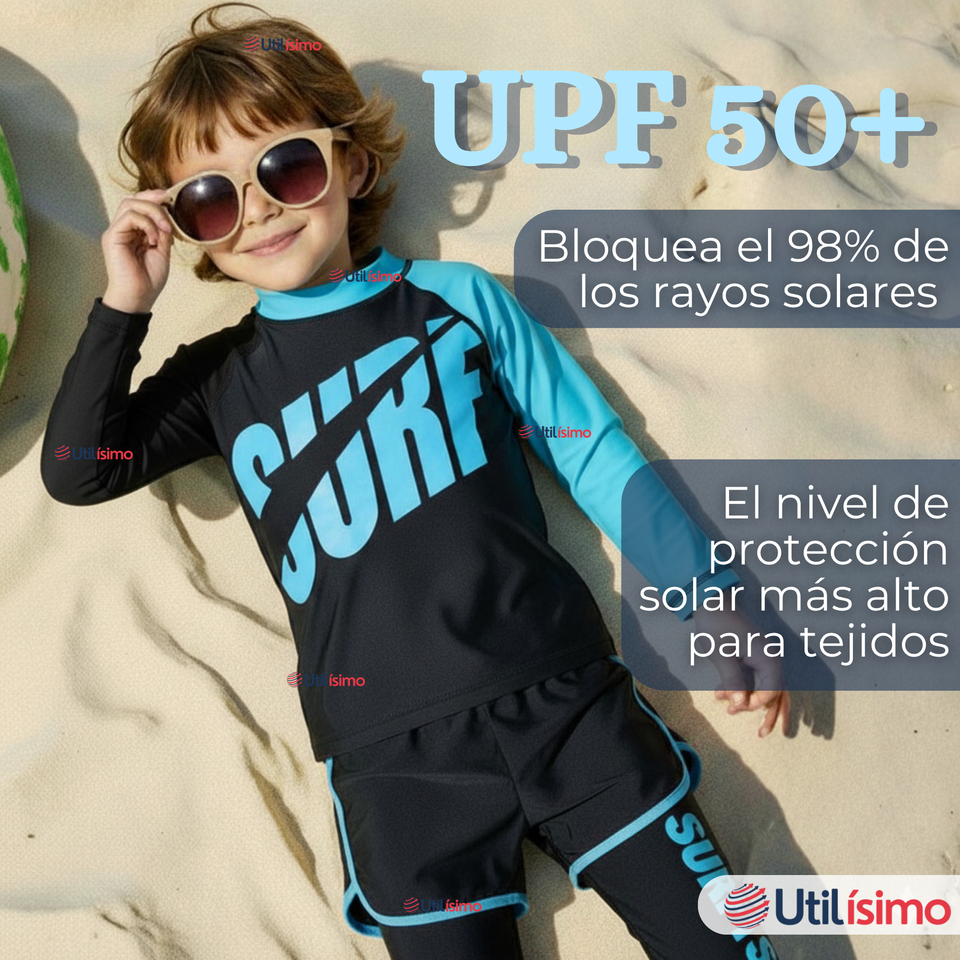Traje de Baño Manga Larga Pantalón Largo Pantalón Corto 3 Piezas Corte Split Niño 3 a 11 años Black Surf