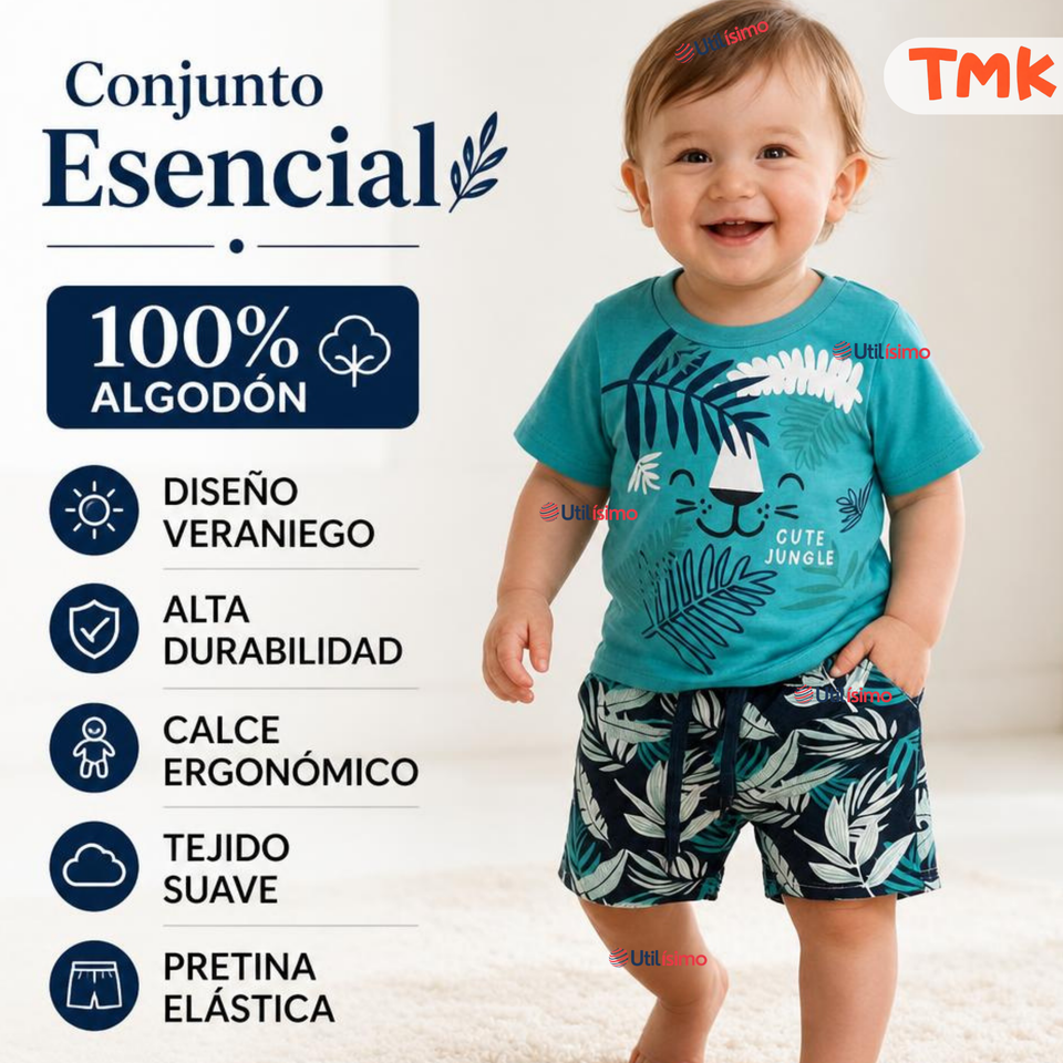 Conjunto 2 Piezas Camiseta y Short 100% Algodón Bebé Niño Tropical Blue