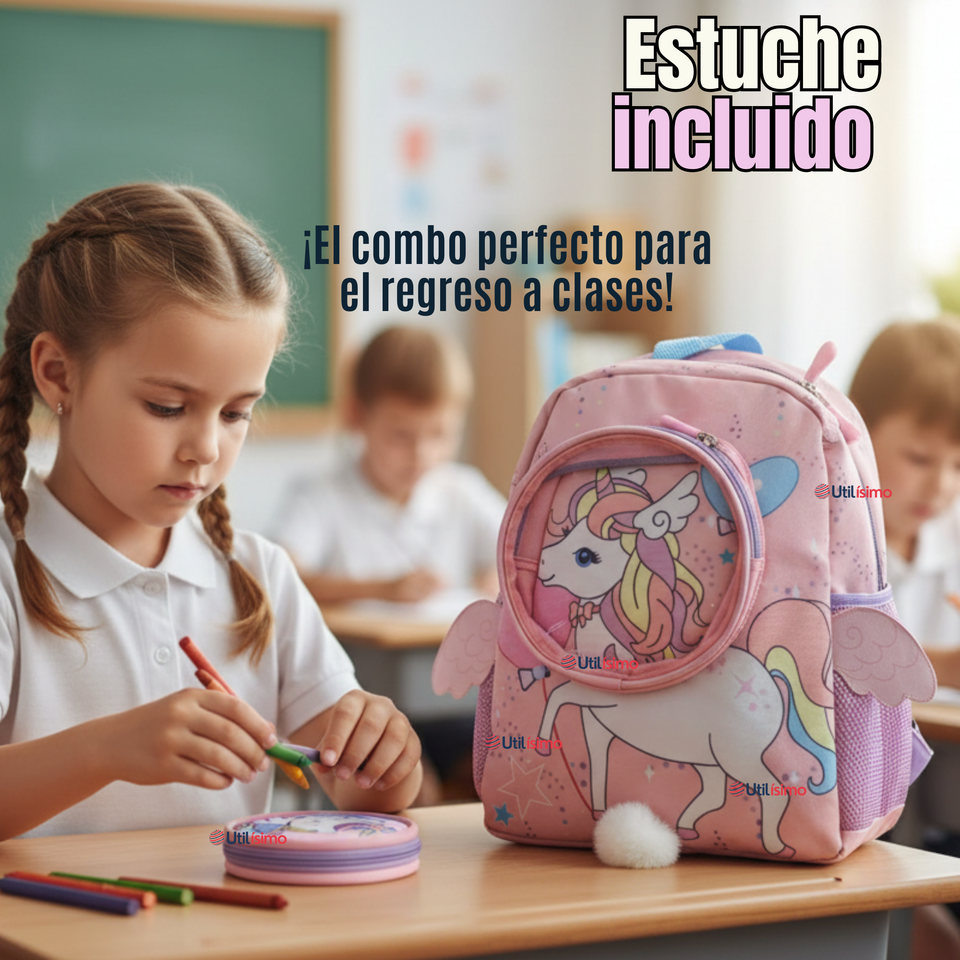 Mochila Escolar Con Estuche 33cm Poliéster Impermeable Unicornio Niña