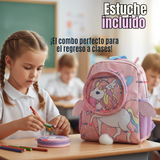 Mochila Escolar Con Estuche 33cm Poliéster Impermeable Unicornio Niña