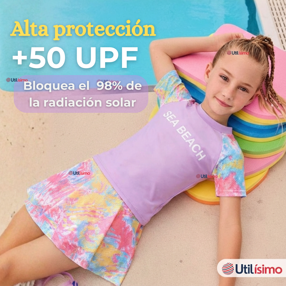 Traje De Baño Manga Corta y Pantalón Corto Con Falda 2 Piezas Niña de 6 a 13 Años Sea Beach
