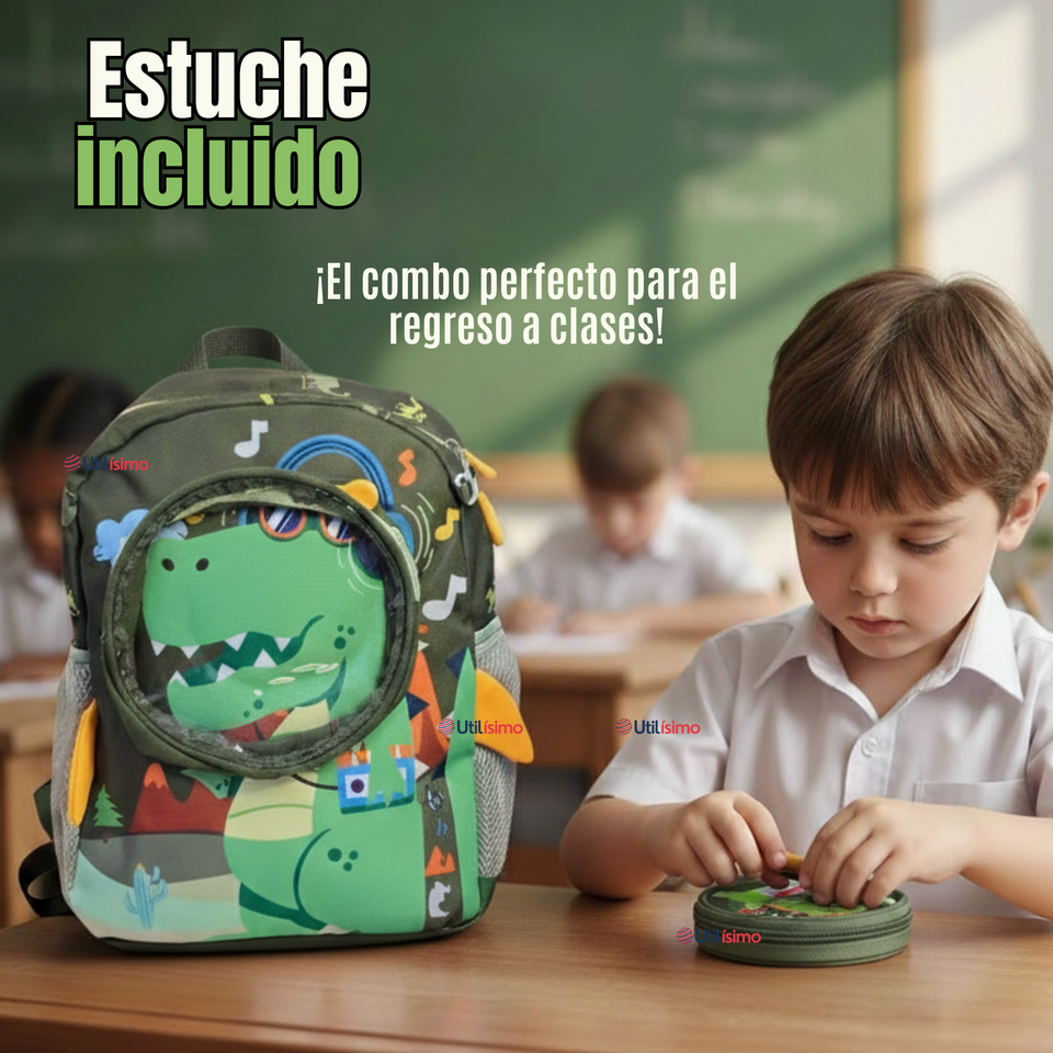 Mochila Escolar Con Estuche 33cm Poliéster Impermeable Dinosaurio Niño