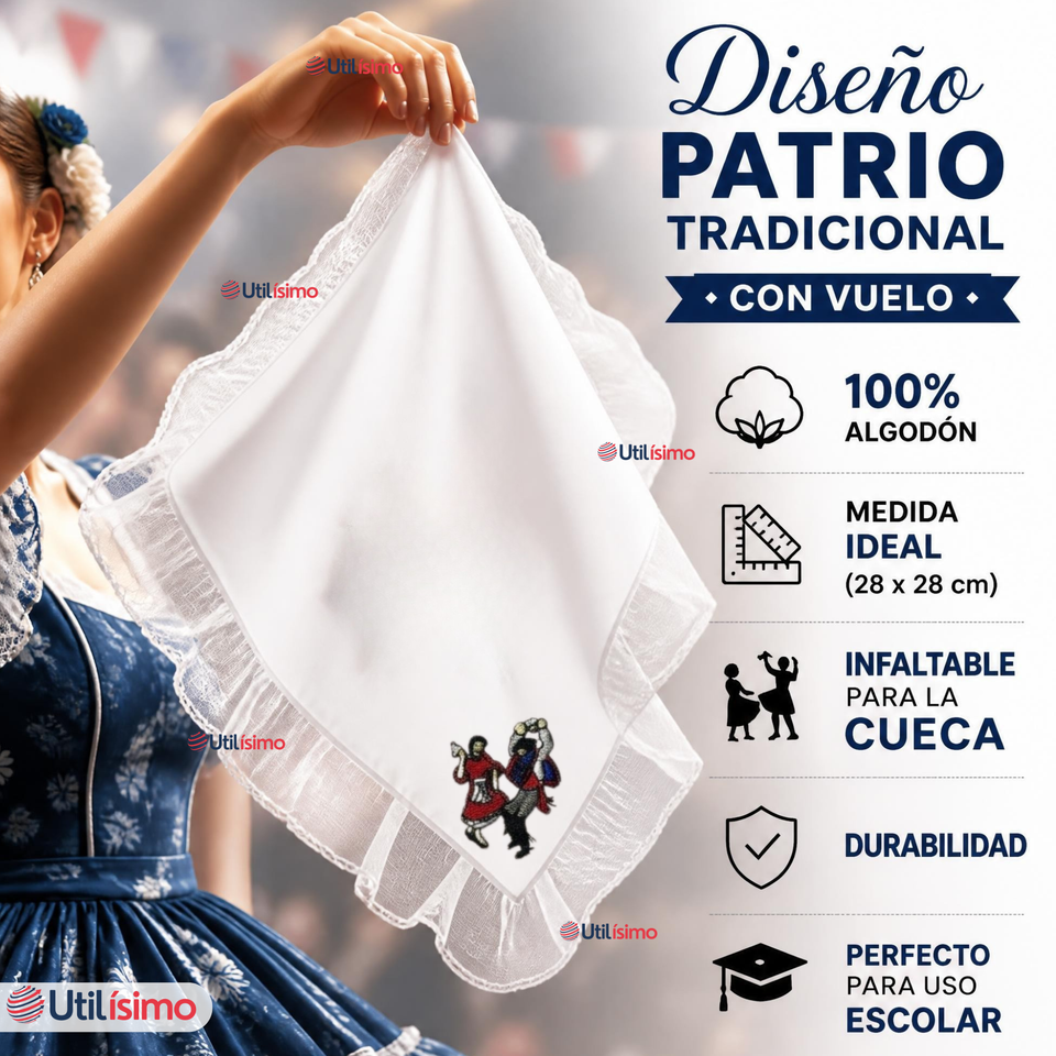Pañuelo Baile Cueca 28cm Con Vuelo Pareja Bailando Algodón Fiestas Patrias