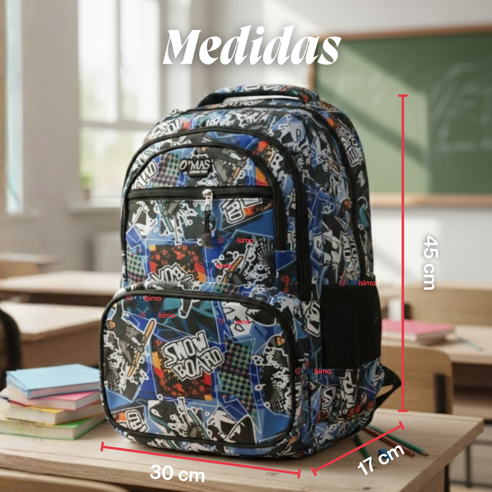 Mochila Escolar Bolso Con Estuche + Lonchera 45Cm Tela Oxford Niño Snowboard