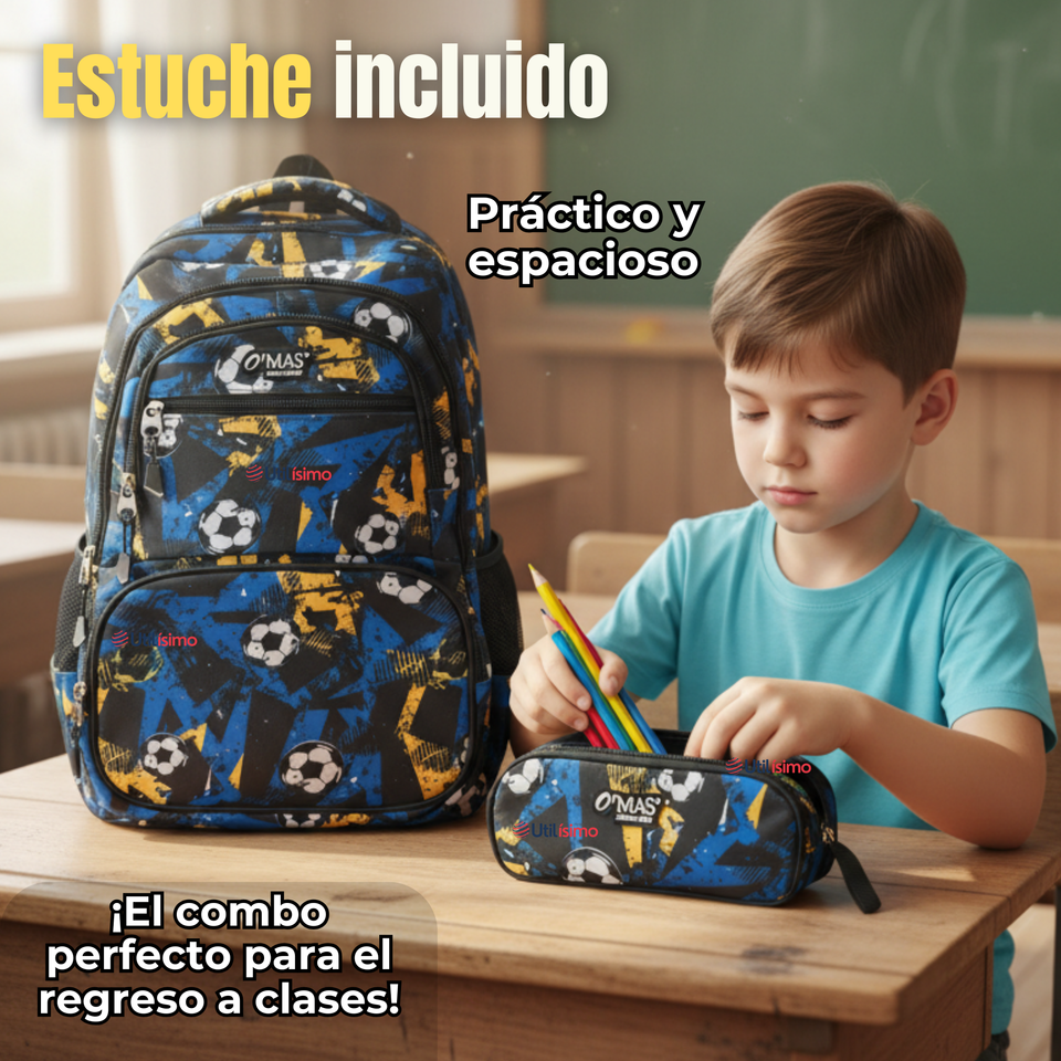 Mochila Escolar Kit Con Estuche y Lonchera 45cm Tela Oxford Futbol Niño