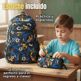 Mochila Escolar Kit Con Estuche y Lonchera 45cm Tela Oxford Futbol Niño
