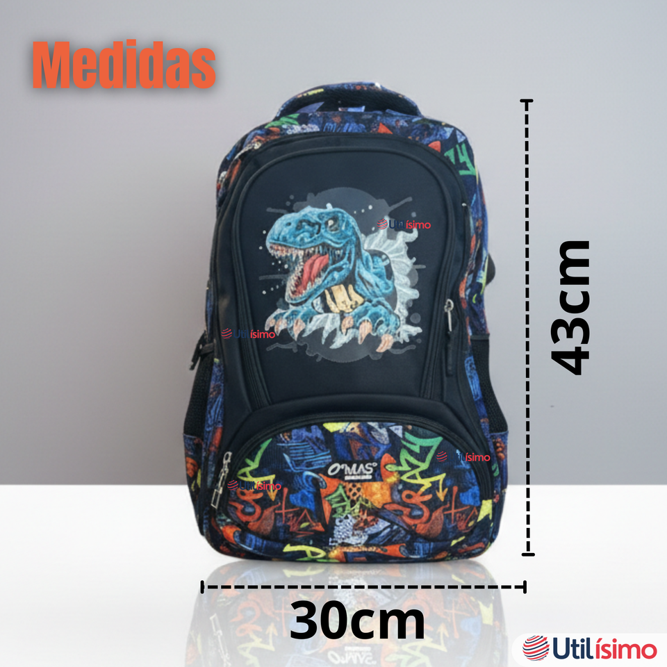 Mochila Escolar Kit Con Estuche y Lonchera 43cm Tela Oxford Dino Niño