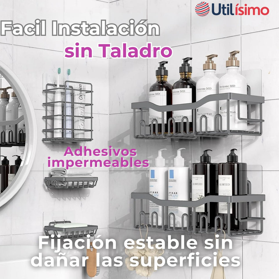 Set Organizador de Ducha 5 Piezas Acero Inoxidable Instalación Adhesiva