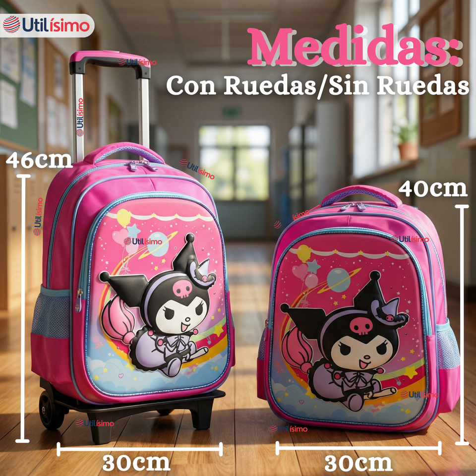 Mochila Escolar Kuromi 3D Con Ruedas Desmontable + Estuche + Lonchera Poliéster Rosa Niña