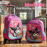 Mochila Escolar Kuromi 3D Con Ruedas Desmontable + Estuche + Lonchera Poliéster Rosa Niña