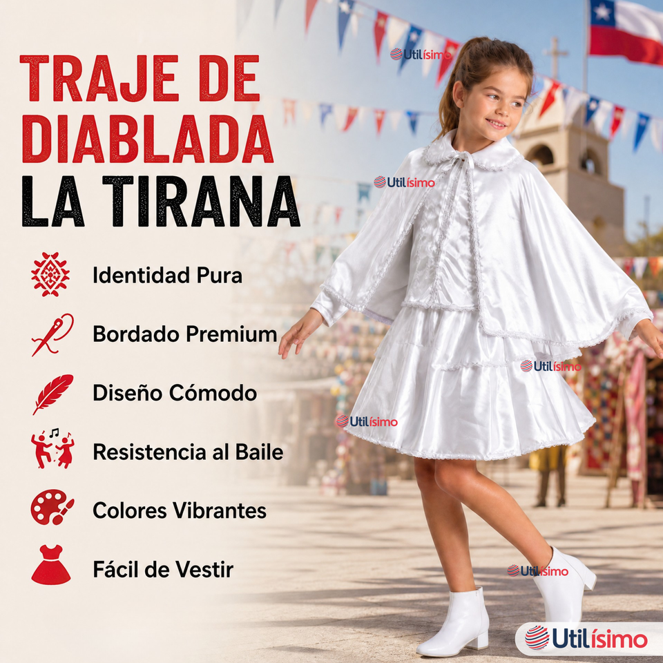 Traje Tirana Diablada Blanco 3 Piezas Niña Baile Típico Fiestas Patrias