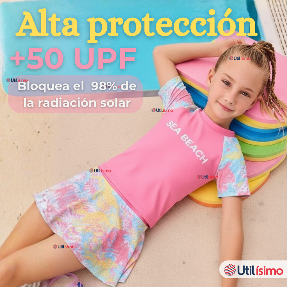 Traje De Baño Manga Corta y Pantalón Corto Con Falda 2 Piezas Niña de 6 a 13 Años Pink Beach