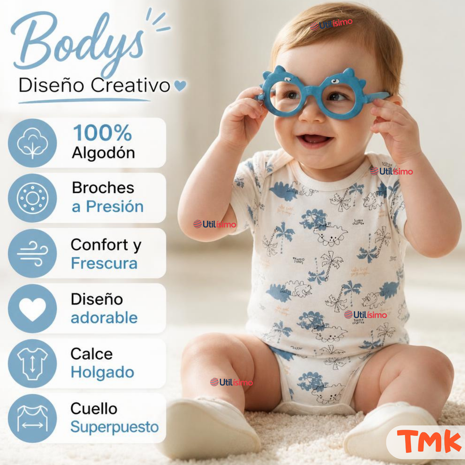 Pack 5 Bodys Manga Corta %100 Algodón Tedmimak Niño Blue Jungle