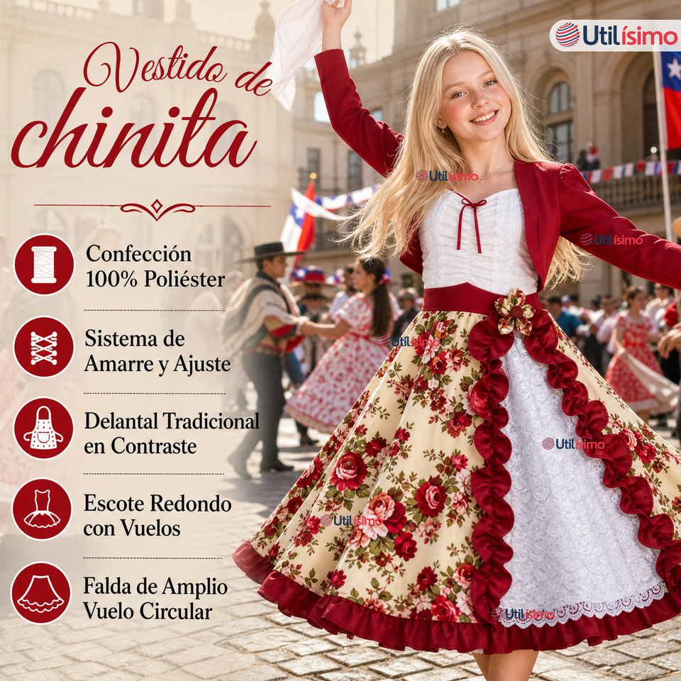 Vestido Chinita Huasa Juvenil 2 Piezas Burdeo Floreado Cueca Fiestas Patrias