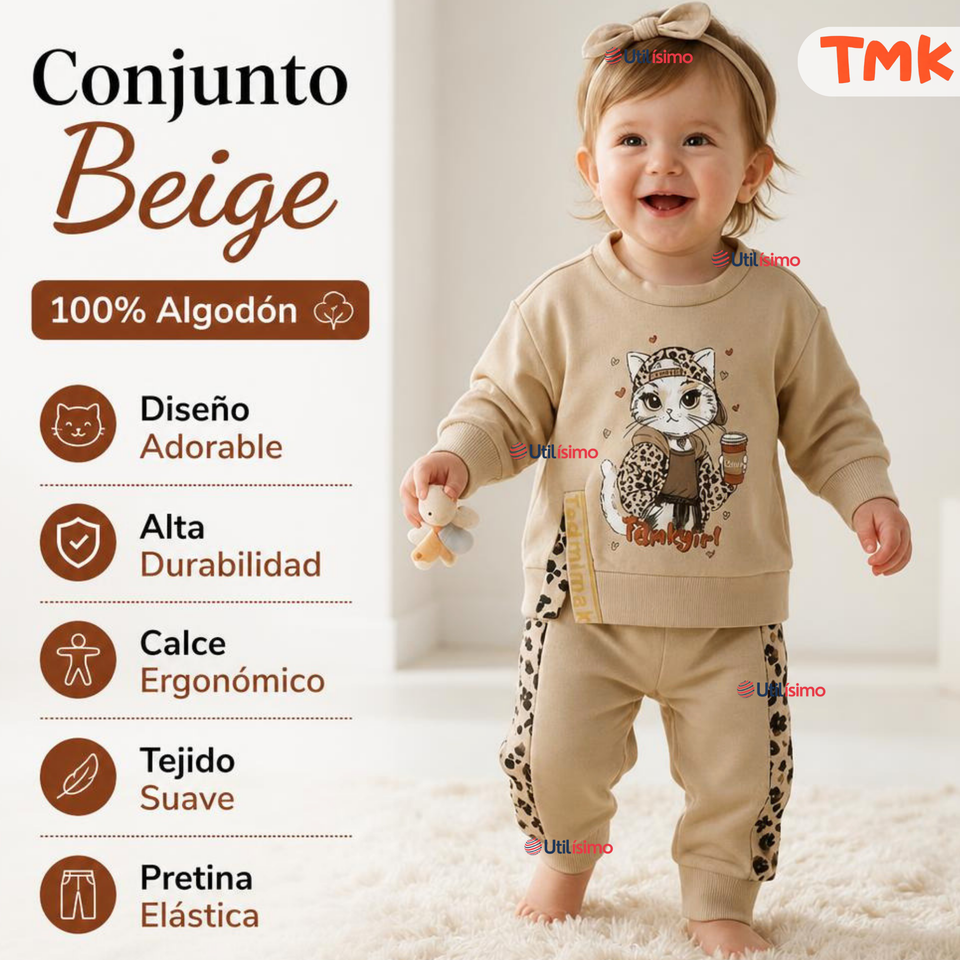 Conjunto 2 Piezas Polerón y Buzo 100% Algodón Tedmimak Bebé Niña Cat Print
