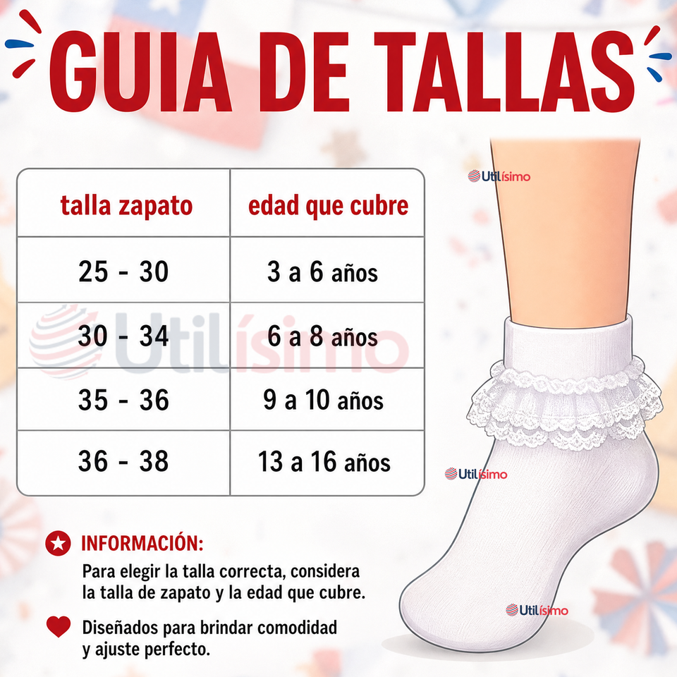 1 Par Calcetines Encaje Vuelos Niña Algodón Fiestas Patrias