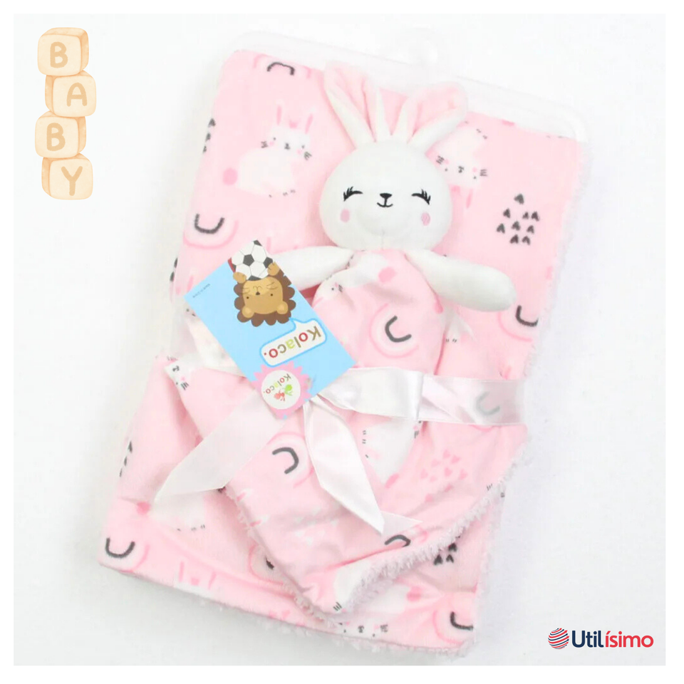 Set Manta Frazada Polar Para Bebé Niña + Peluche de Apego