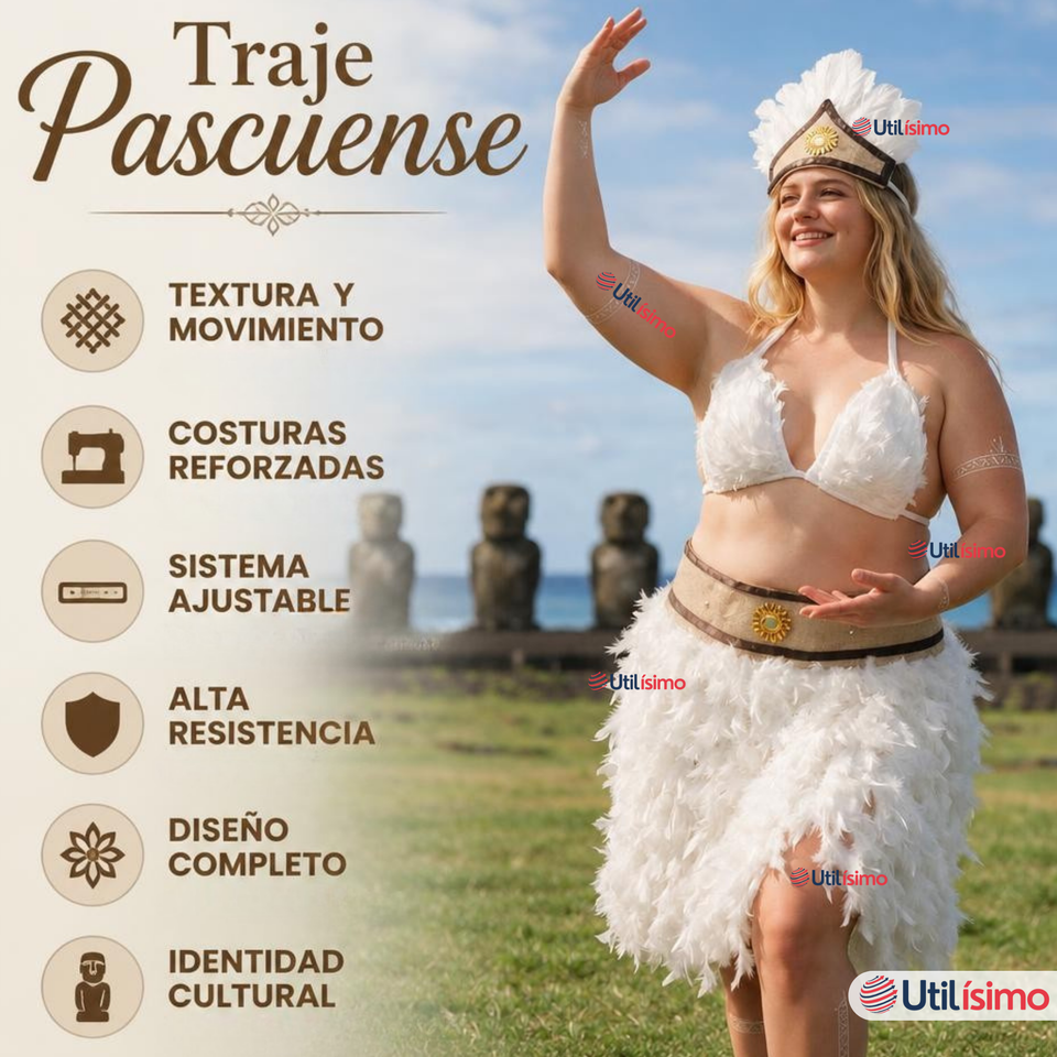 Traje Pascuense Típico Blanco Con Plumas 3 Piezas Juvenil Rapa Nui Fiestas Patrias