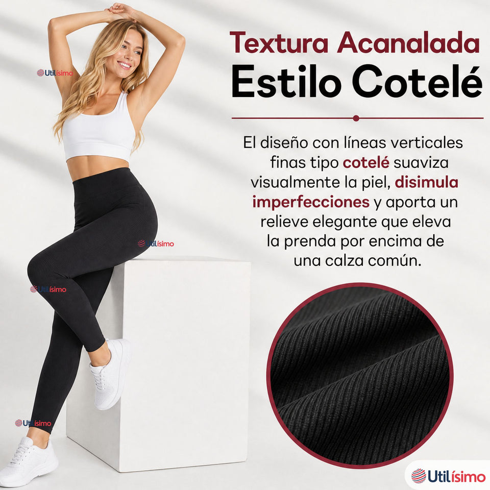 Calza Acanalada Cotelé Polar Con Chiporro Térmica Mujer Elásticada Negra