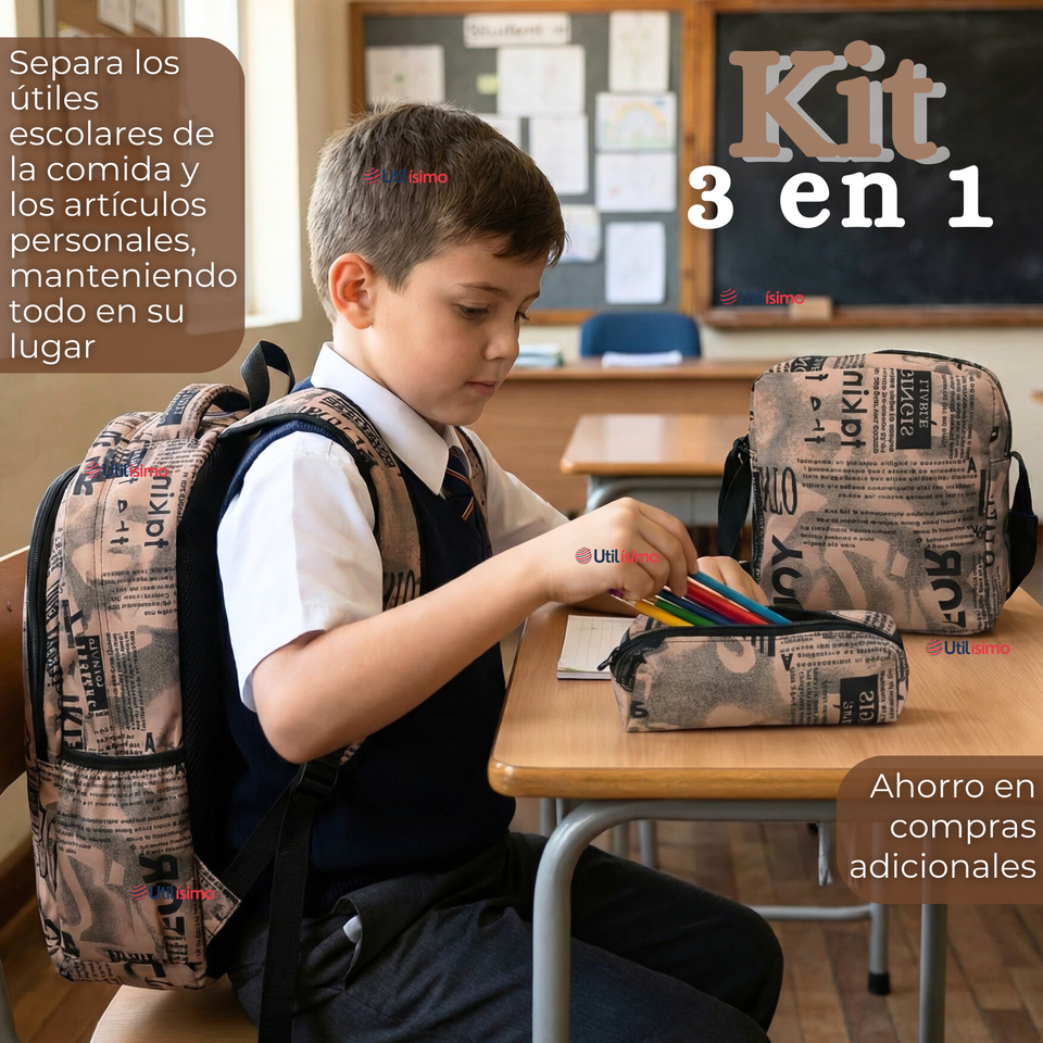 Mochila Escolar + Estuche + Lonchera 49cm Tela Oxford Cafe Claro Niño