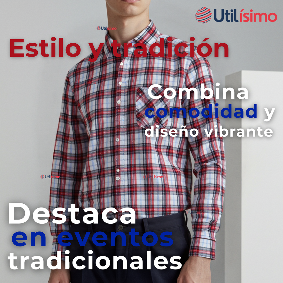 Camisa Huaso Cuadrillé Cuadro Manga Larga 100% Algodón Azul Blanco Casual