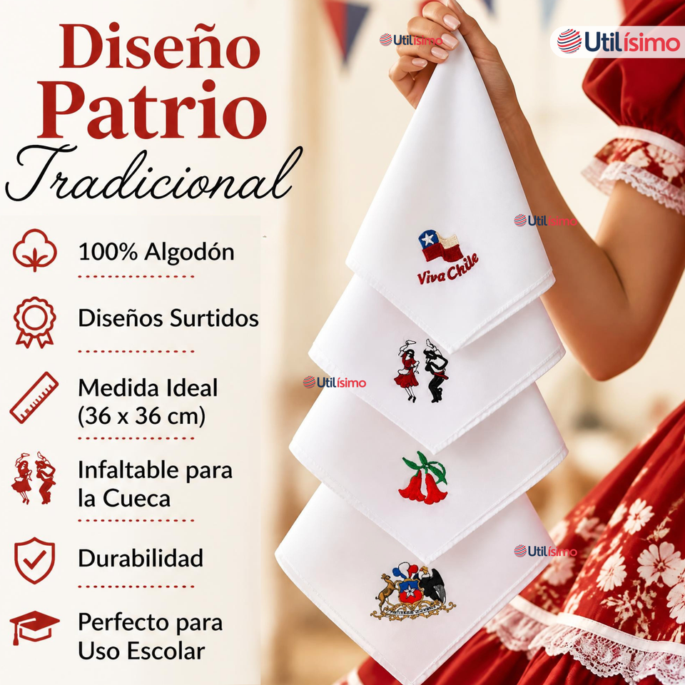 Pack 3 Pañuelos Baile Cueca 36cm Diseños Surtidos Algodón Fiestas Patrias
