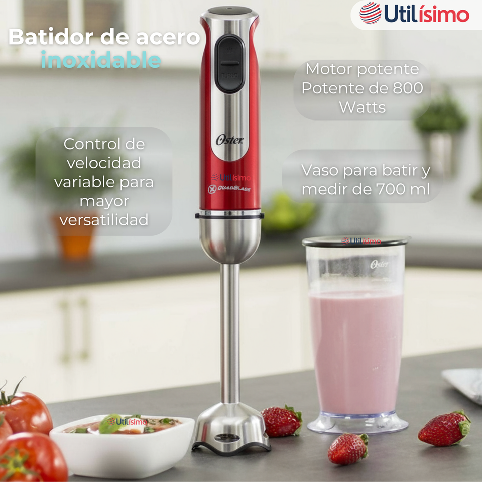 Batidora de inmersión Oster® roja con organizador y accesorios