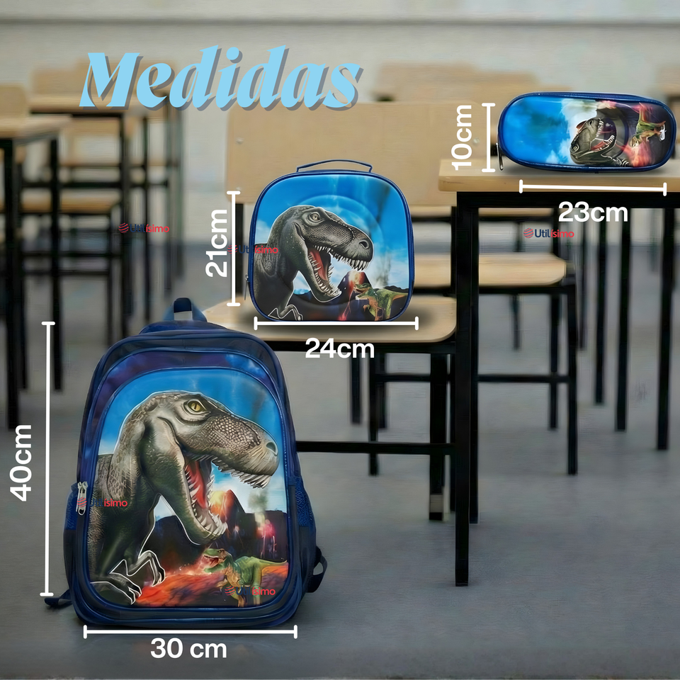 Mochila Escolar Bolso Con Efecto 3D Estuche + Lonchera 40Cm Tela Oxford Niño Dinosaur