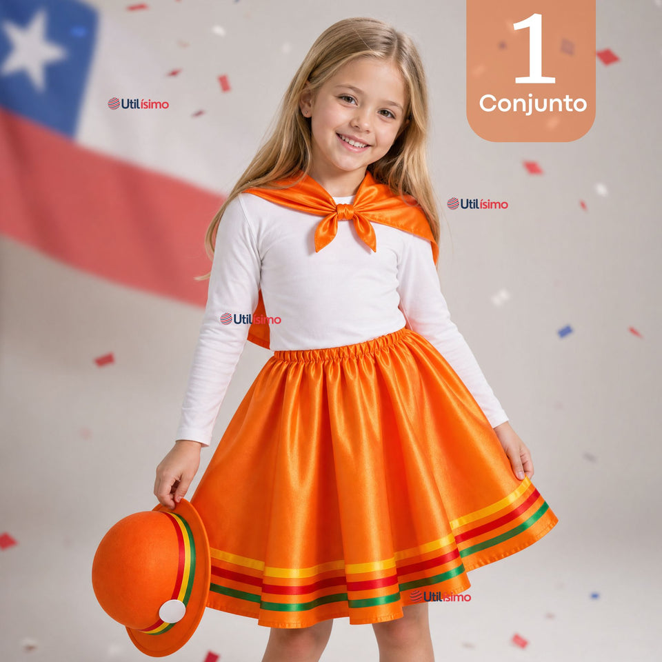 Traje Nortino Niña Naranja 4 Piezas Con Polera Baile Típico Fiestas Patrias