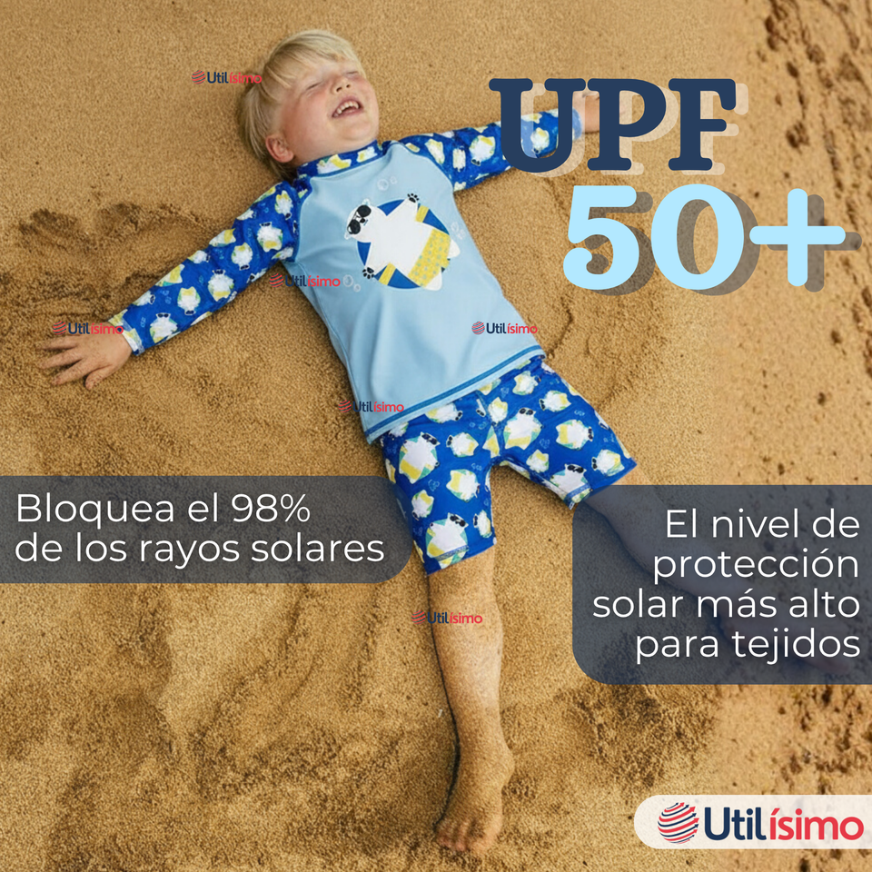 Traje de Baño Manga Larga Pantalón Corto 2 Piezas Corte Split Niño 3 a 9 años Blue Polar Bear