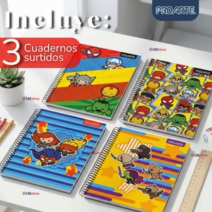 Pack 3 Cuadernos Universitario Marvel Heroes Kawaii 150 Hojas Tapa Gruesa Proarte Diseño Surtido