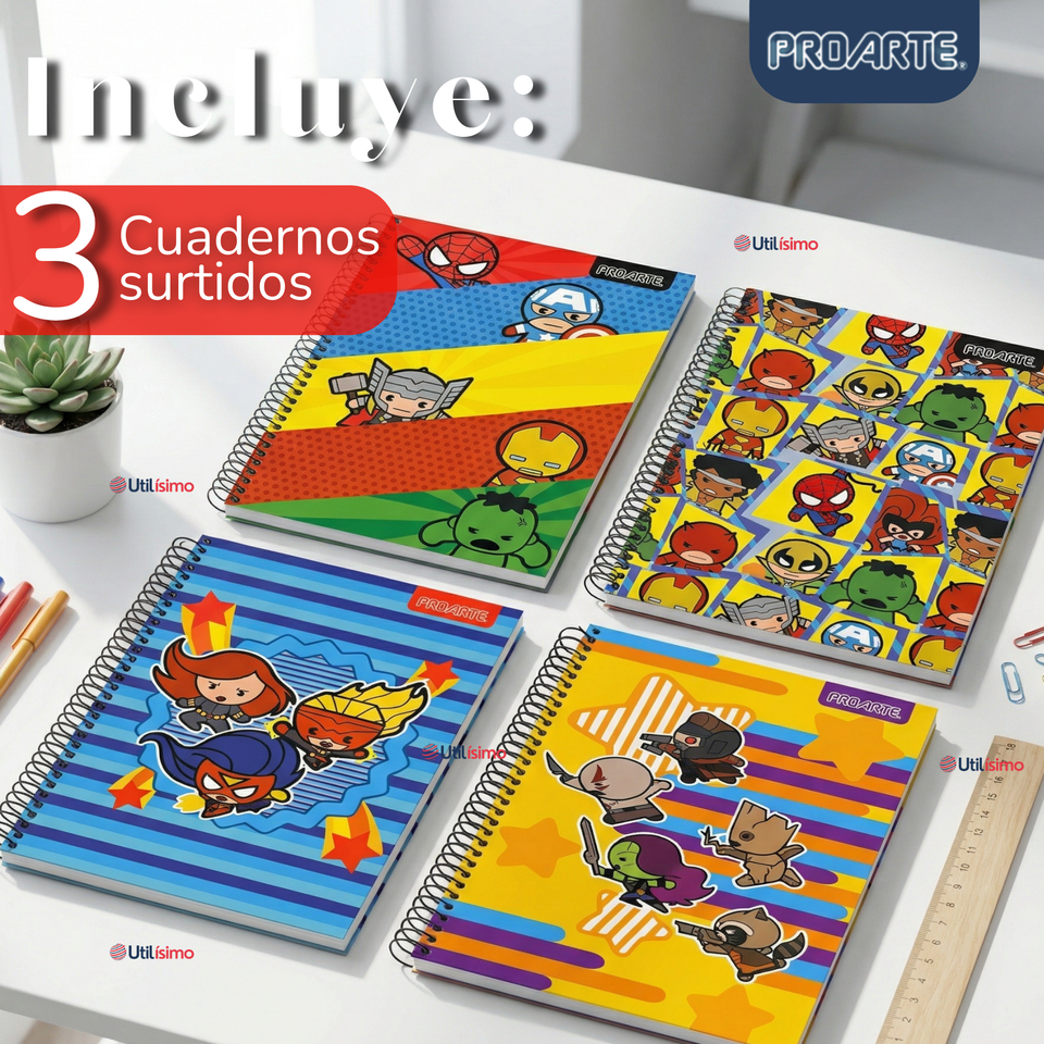 Pack 3 Cuadernos Universitario Marvel Heroes Kawaii 150 Hojas Tapa Gruesa Proarte Diseño Surtido