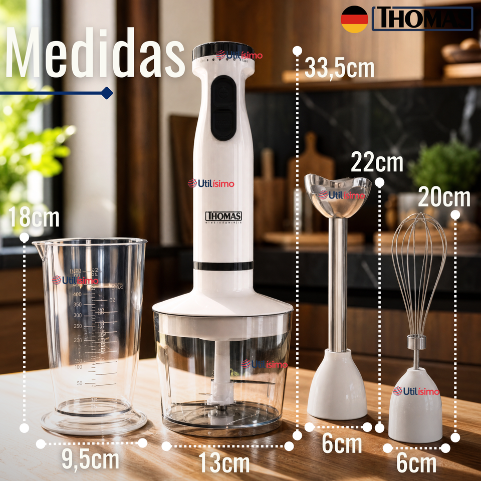 Minipimer Eléctrico Thomas Premium 4 en 1 Con Accesorios Alta Potencia Tecnologia Alemana Blanco