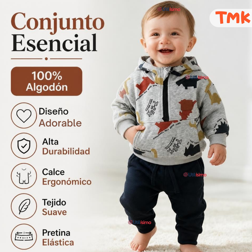 Conjunto 2 Piezas Polerón con Capucha y Pantalón 100% Algodón Bebé Niño Gray Dinosaur