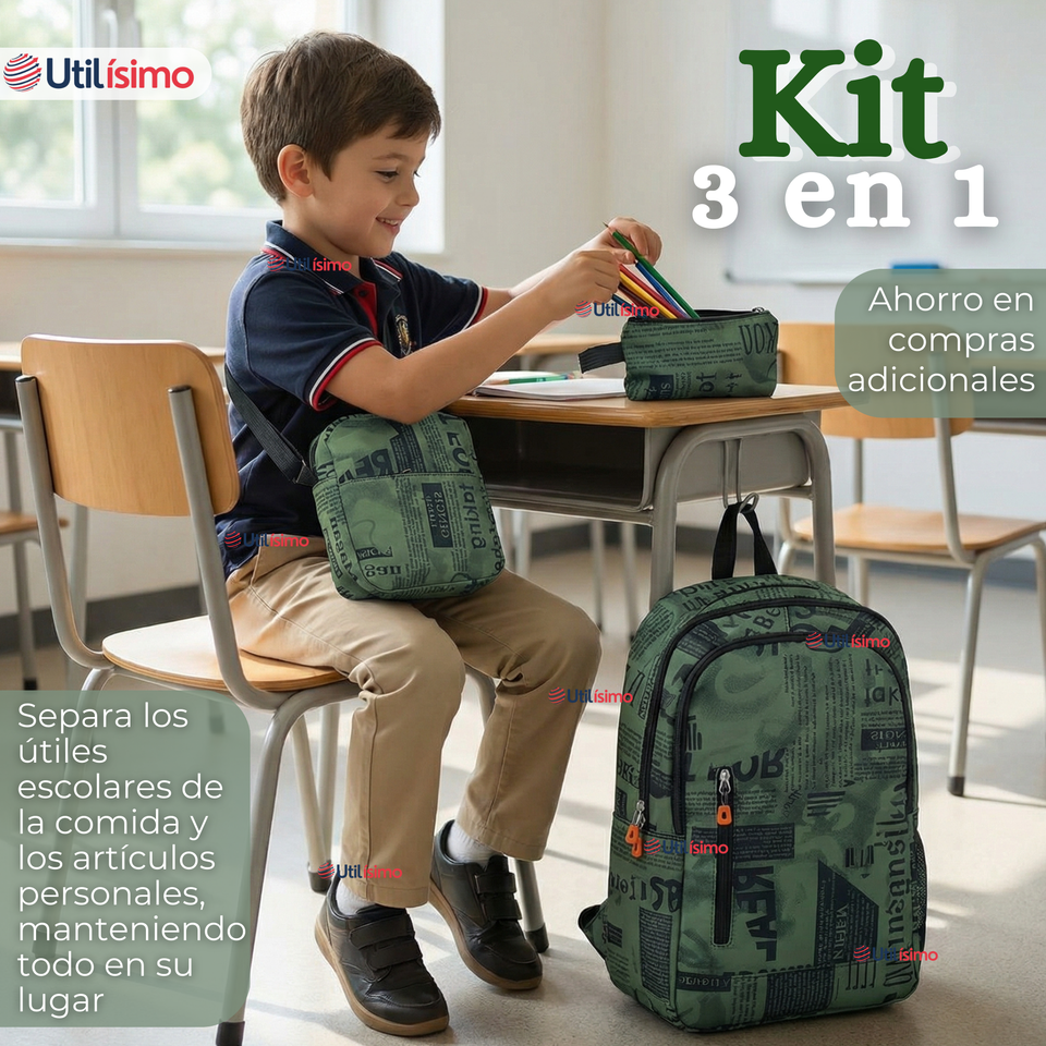 Mochila Escolar + Estuche + Lonchera 49cm Tela Oxford Verde Militar Niño
