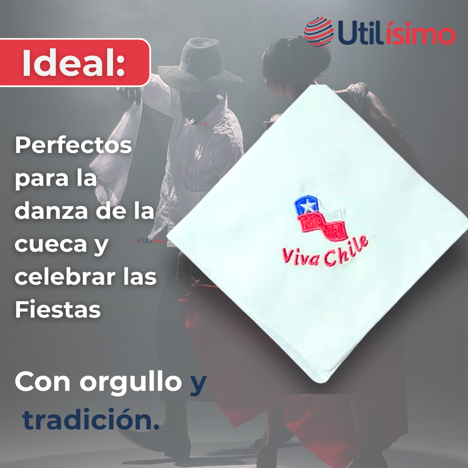 Pack 6 Pañuelos Baile Cueca 45CM Bordado Viva Chile Fiestas Patrias