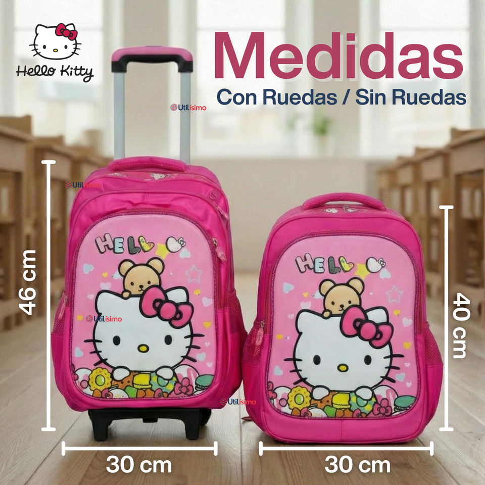 Mochila Escolar Hello Kitty Flowers Con Ruedas Desmontables + Estuche + Lonchera Niña Poliéster