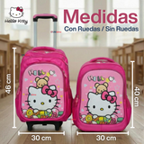 Mochila Escolar Hello Kitty Flowers Con Ruedas Desmontables + Estuche + Lonchera Niña Poliéster