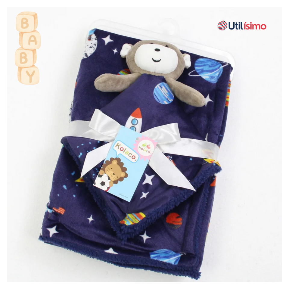 Set Manta Frazada Polar Para Bebé Niño + Peluche de Apego