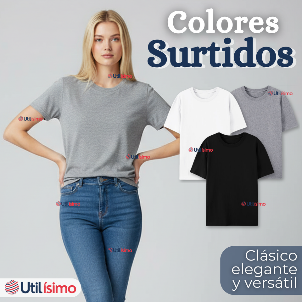 Pack 3 Camisetas Poleras 100% Algodón Básica Lisa Elástica Mujer Colores Surtidos