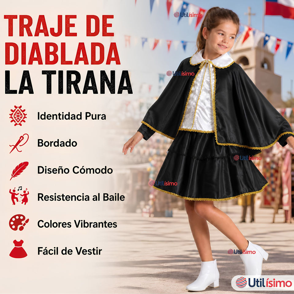 Traje Tirana Diablada Negro 3 Piezas Niña Baile Típico Fiestas Patrias