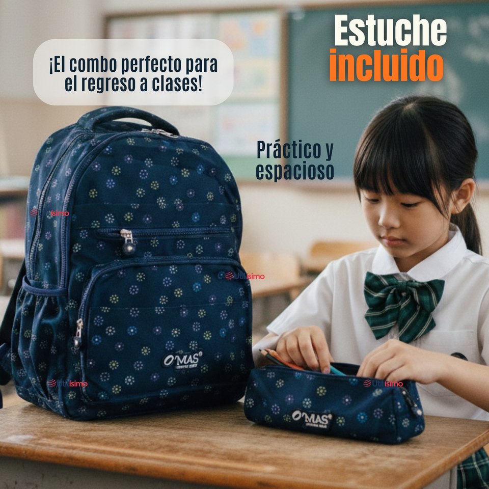 Mochila Escolar Con Estuche 46cm Poliéster Impermeable Niña Juvenil
