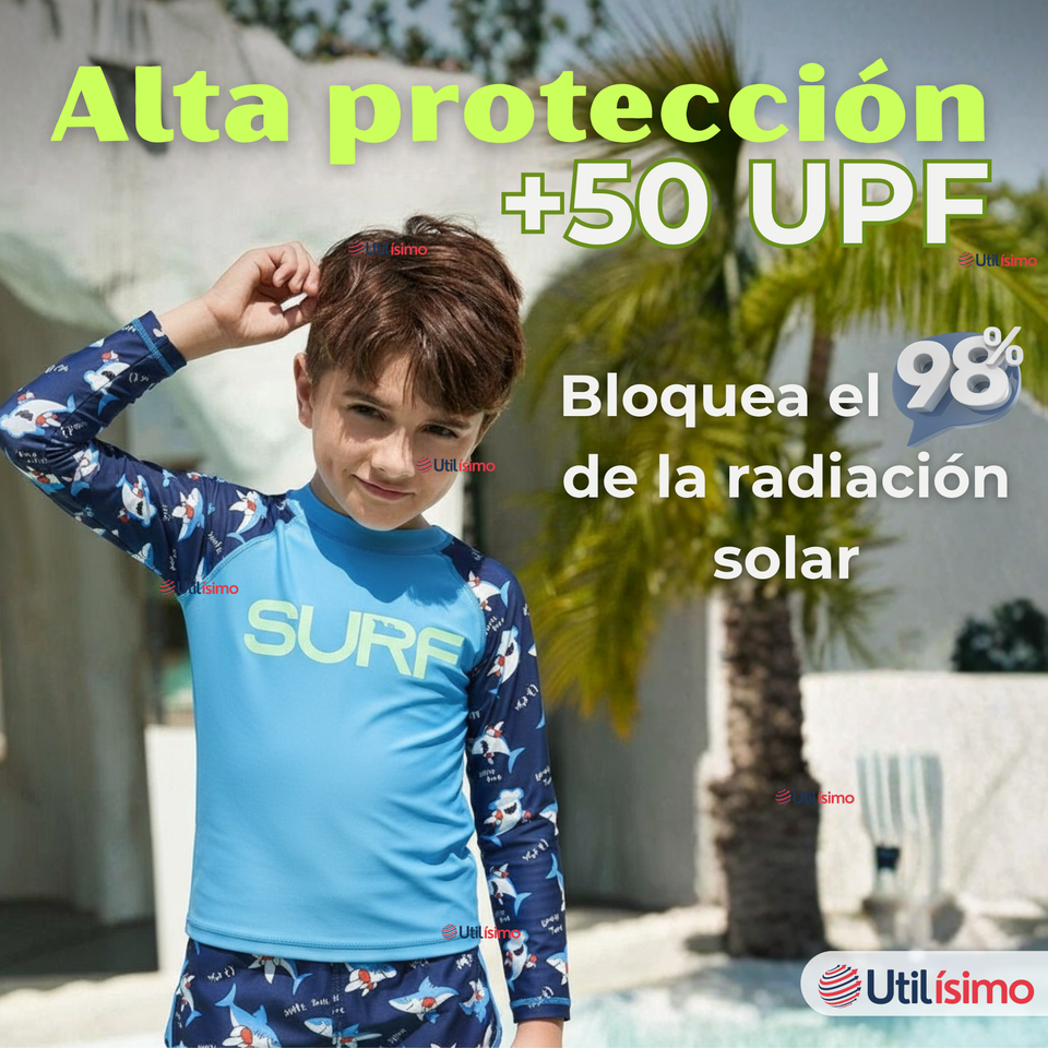 Traje De Baño Manga Larga Con Pantalón Largo y Pantalón Corto Niño de 3 a 11 Años Blue Surf