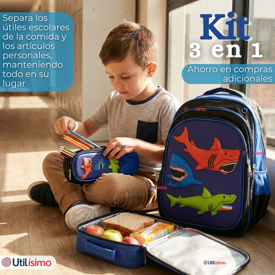 Mochila Escolar Con Ruedas + Estuche + Lonchera 46cm Desmontable Poliéster Azul Tiburón Niño